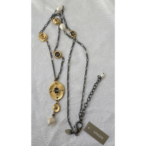 Chicos Blue Silver Gold Tone 18.5" Long Reversible Chain Statement Necklace NEW - Picture 5 of 14